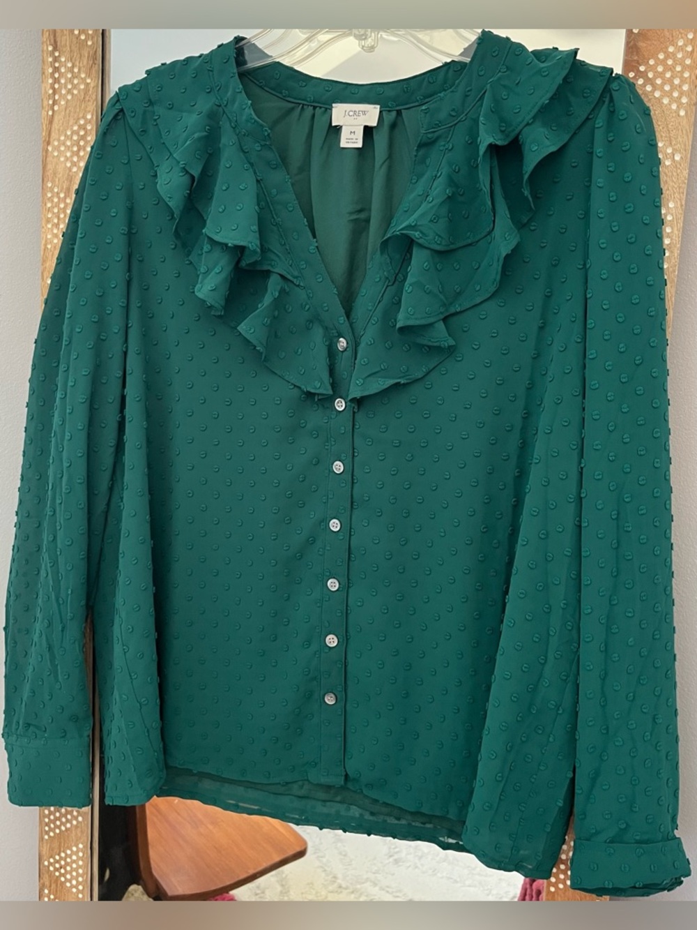 J. Crew Green Ruffled Blouse